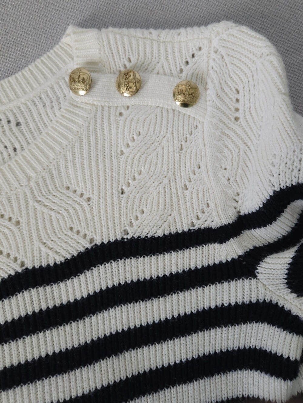 Talbots Petites Breton Stripe Sweater SP Navy Cream Gold Crown Button Pointelle - Picture 5 of 8